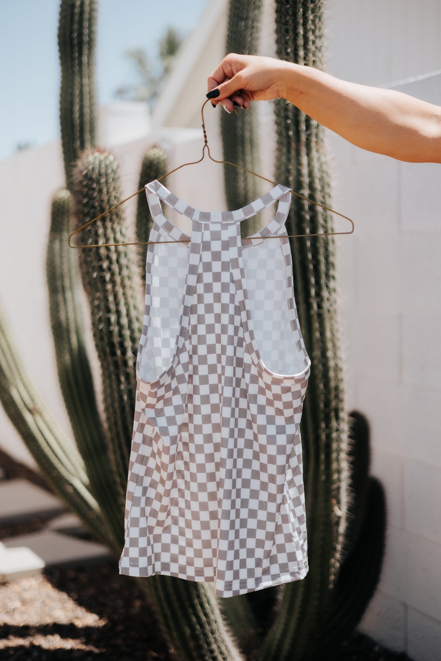 Women's Gray-White Checkered Print Halter Tank Top