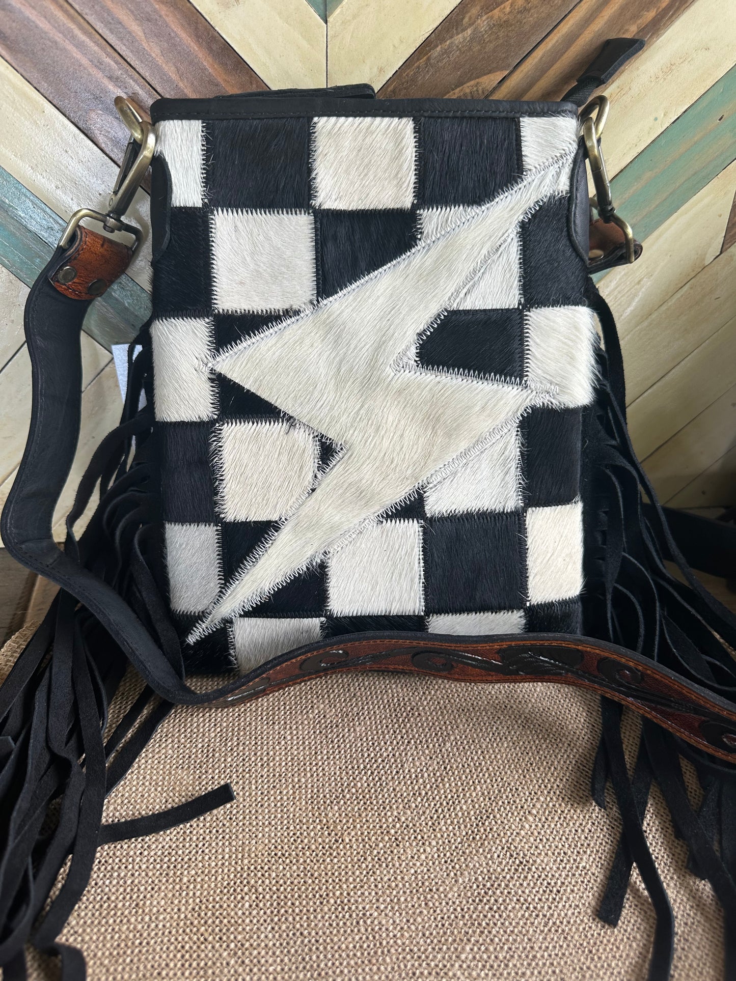 Checkered Cowhide Purse with Tooled Leather Strap