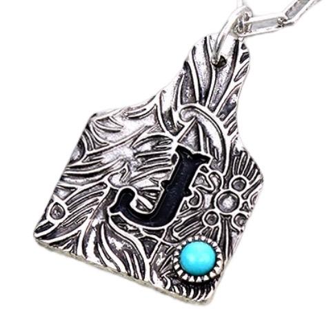 Initial Tooled Ear Tag Necklace
