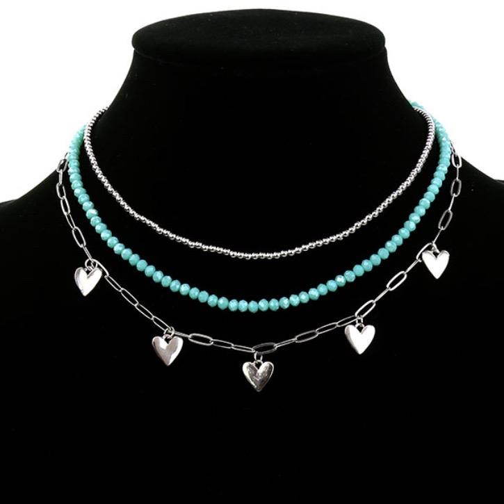 3 Row Mixed Beaded Heart Paperclip Chain Necklace