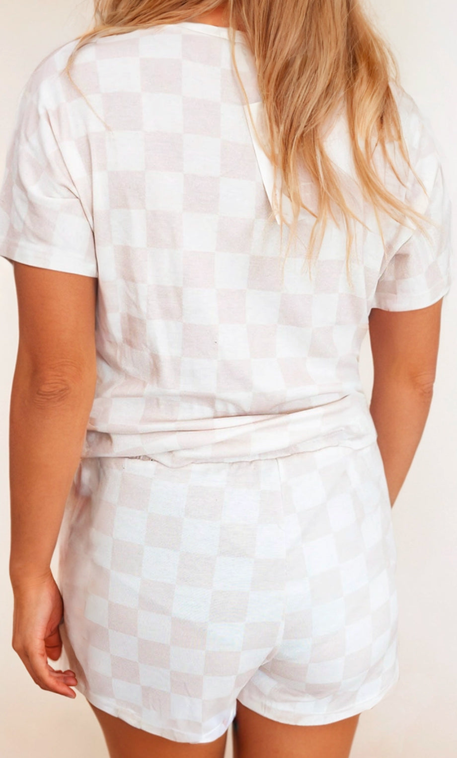 Beige Checkered V Neck Tee and Drawstring Shorts Lounge Set