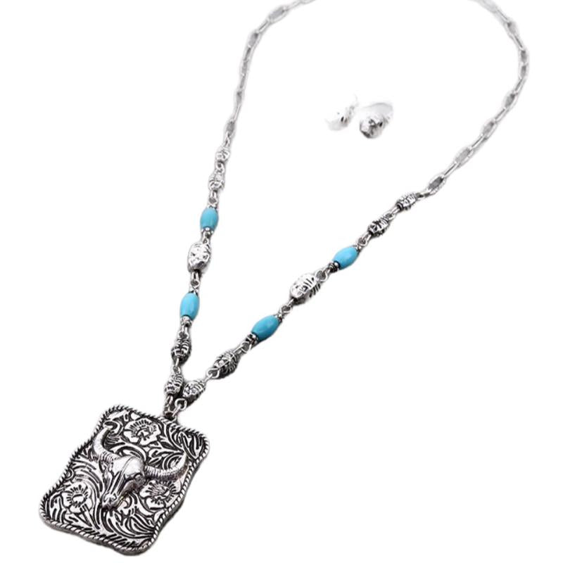 Western Steer Skull Plate Pendant Necklace with Earrings Set