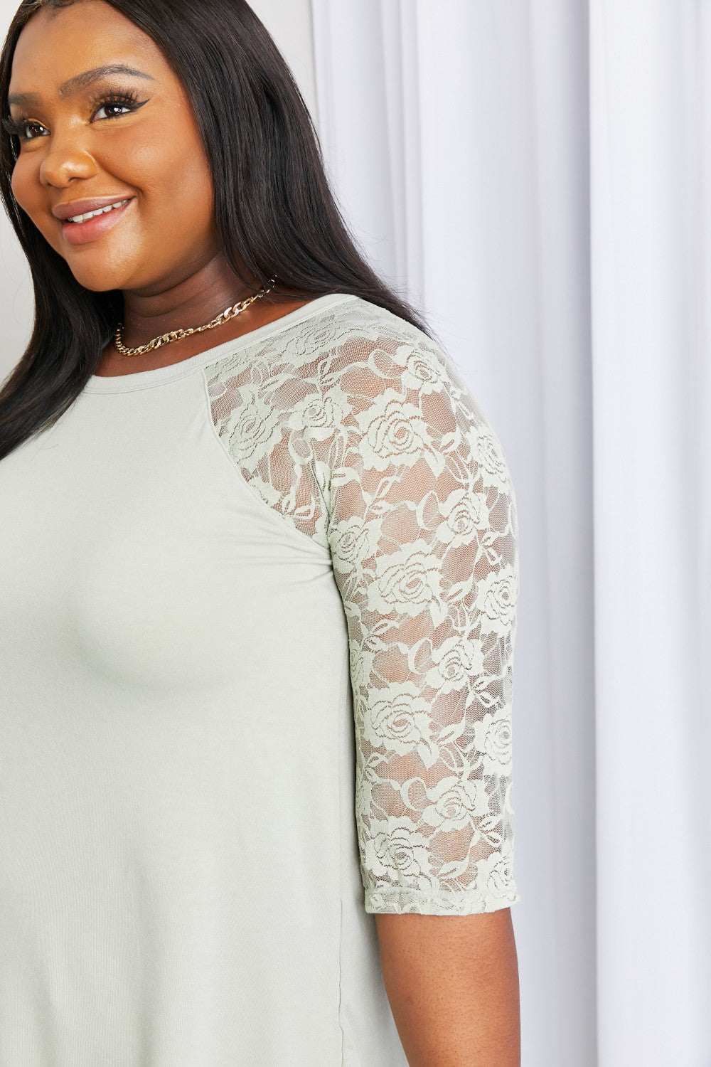 Zenana Full Size Spliced Lace Half Sleeve Round Neck Top