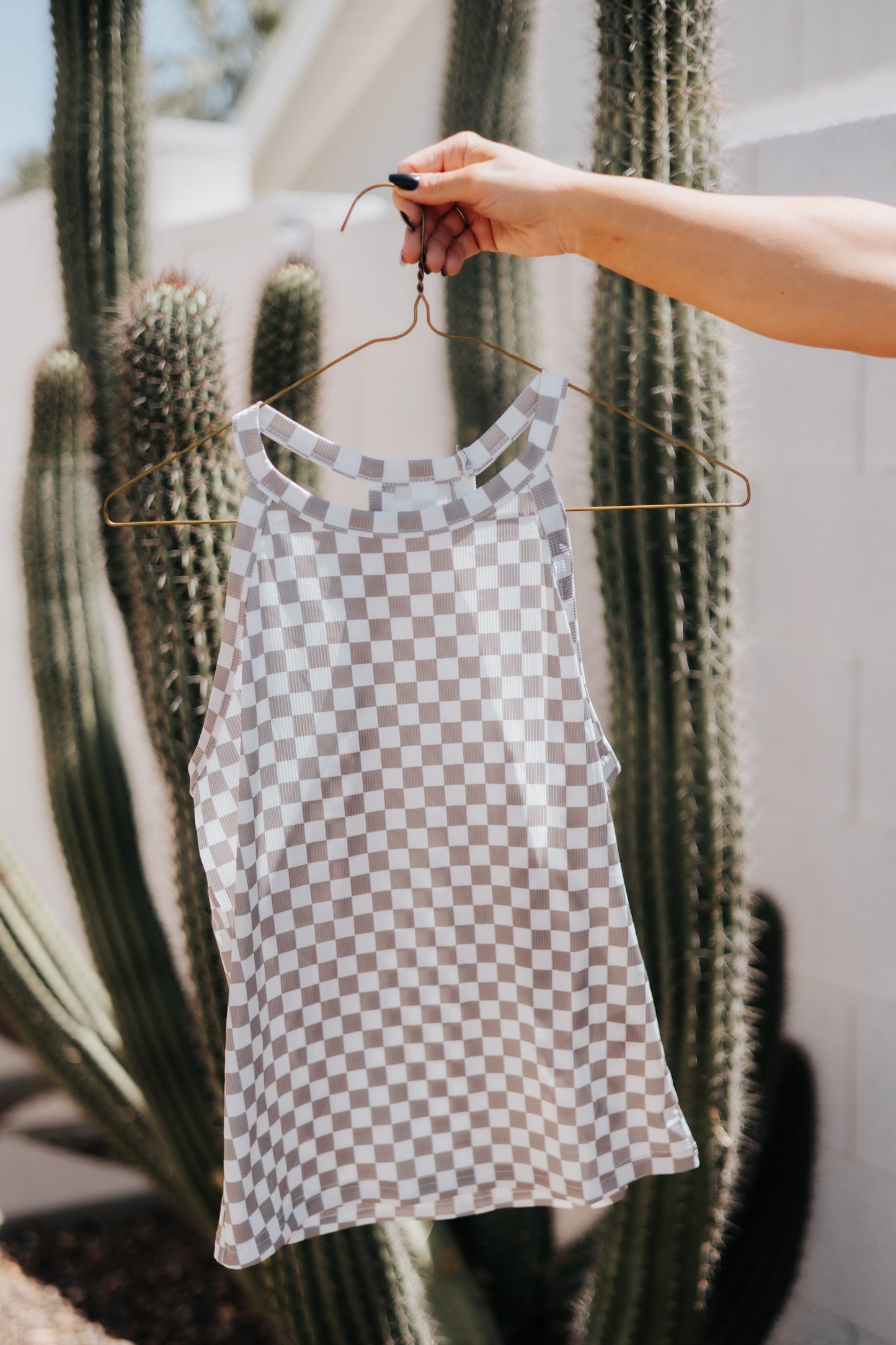 Women's Gray-White Checkered Print Halter Tank Top
