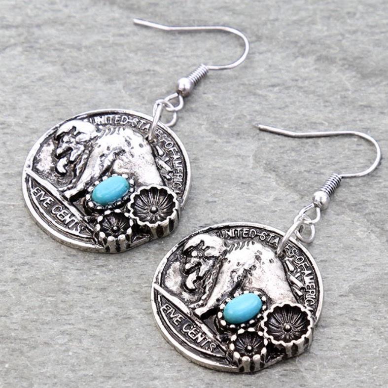 Western Buffalo Coin Dangle Earrings