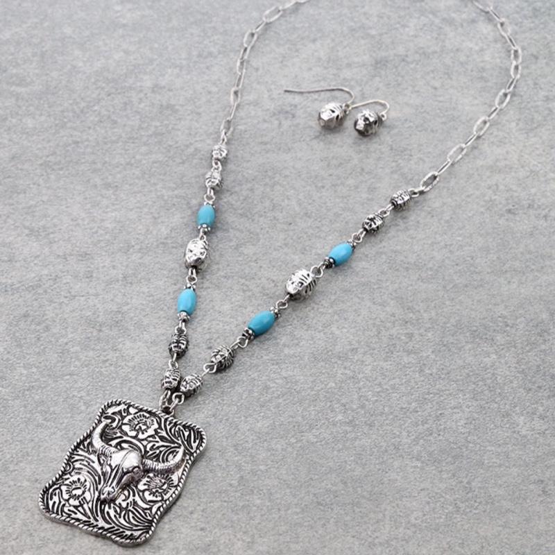 Western Steer Skull Plate Pendant Necklace with Earrings Set