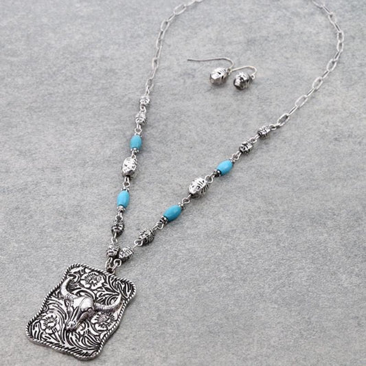 Western Steer Skull Plate Pendant Necklace with Earrings Set