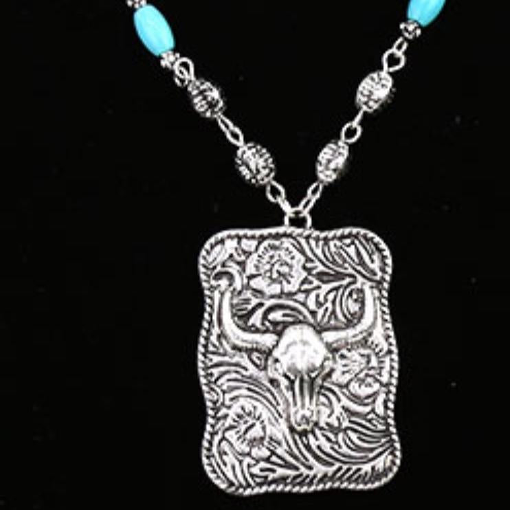 Western Steer Skull Plate Pendant Necklace with Earrings Set