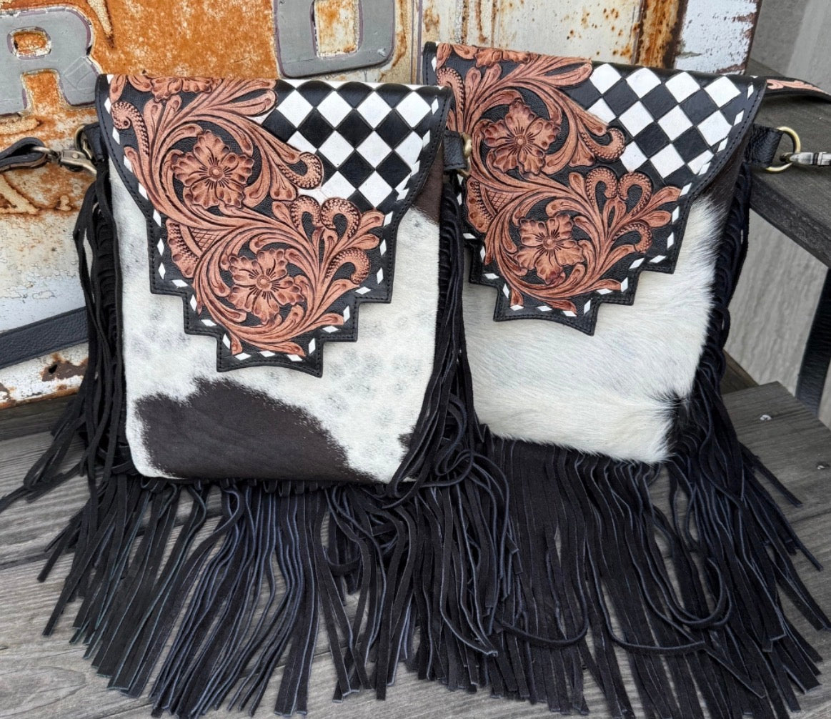 Cowhide, Leather Checkered Purse