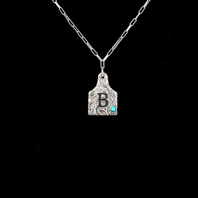 Initial Tooled Ear Tag Necklace