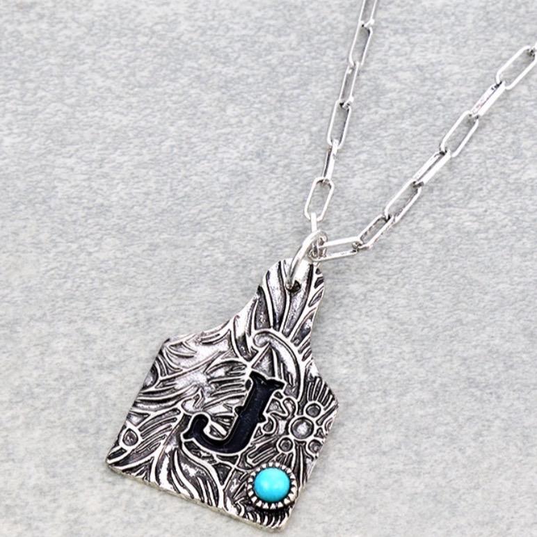 Initial Tooled Ear Tag Necklace