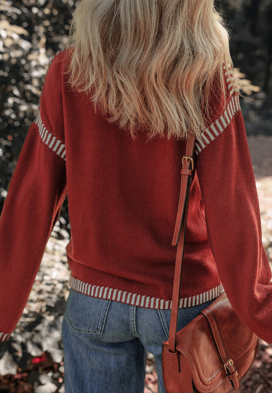 Striped Detail Round Neck Dropped Shoulder Sweater