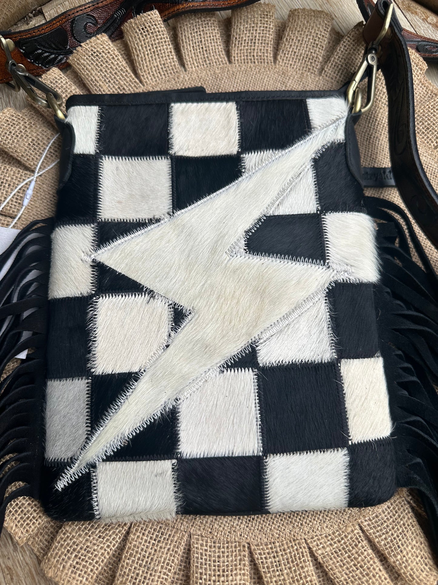Checkered Cowhide Purse with Tooled Leather Strap