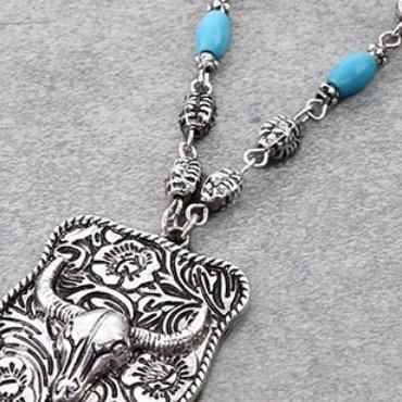 Western Steer Skull Plate Pendant Necklace with Earrings Set