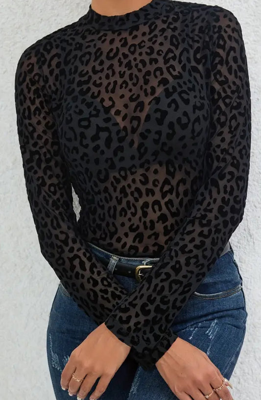 Leopard Black Mesh Long Sleeve Top