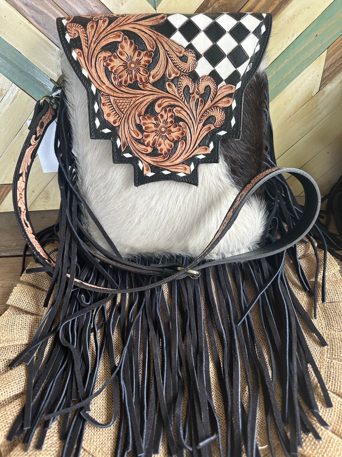 Cowhide, Leather Checkered Purse