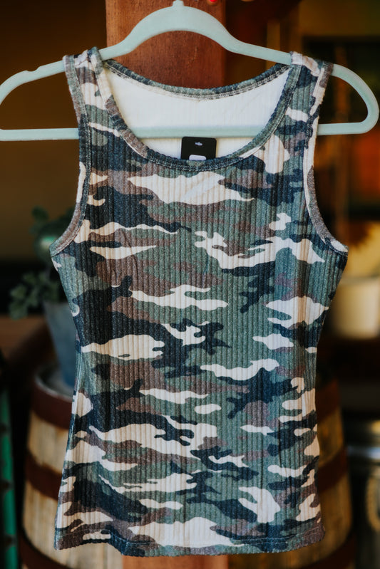 Camo Print Ribbed Knit Tank Top