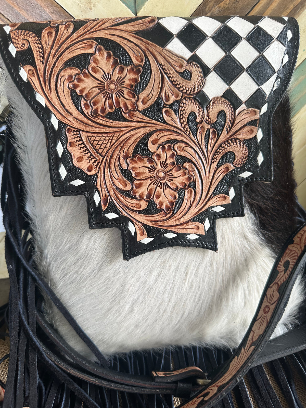 Cowhide, Leather Checkered Purse
