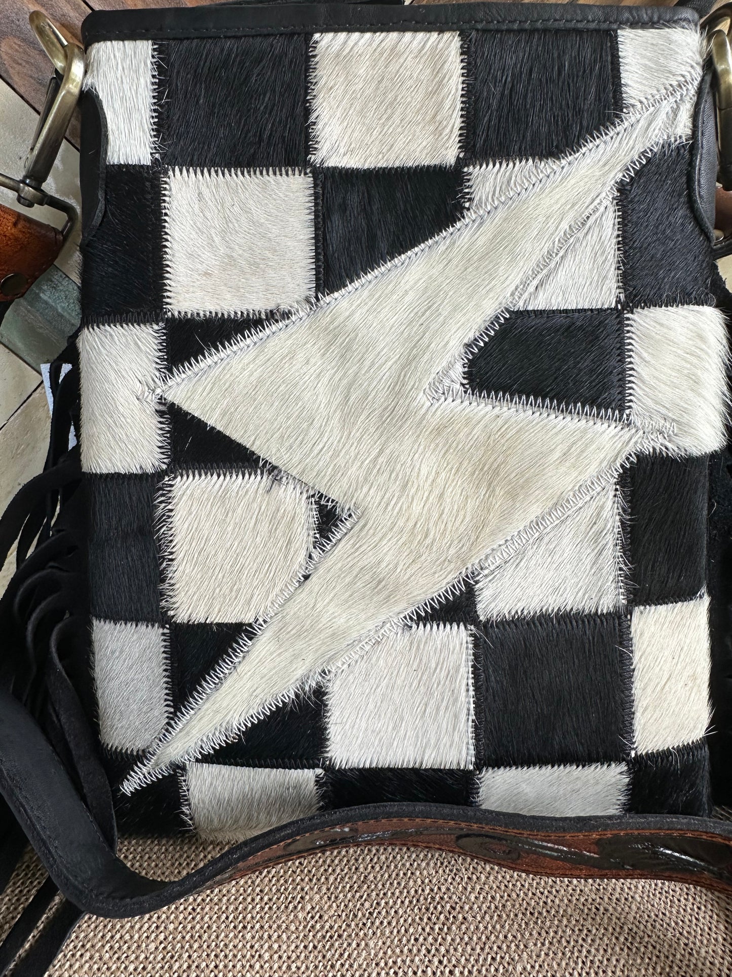 Checkered Cowhide Purse with Tooled Leather Strap