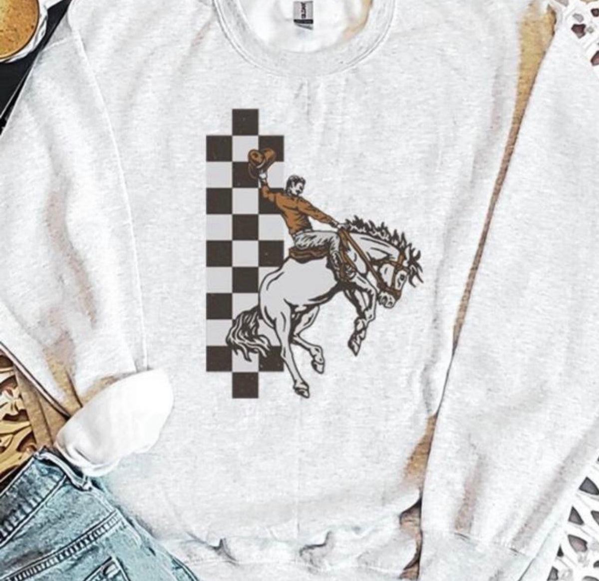 Checkered Cowboy Sweatshirt with Horse and Rider Graphic Design