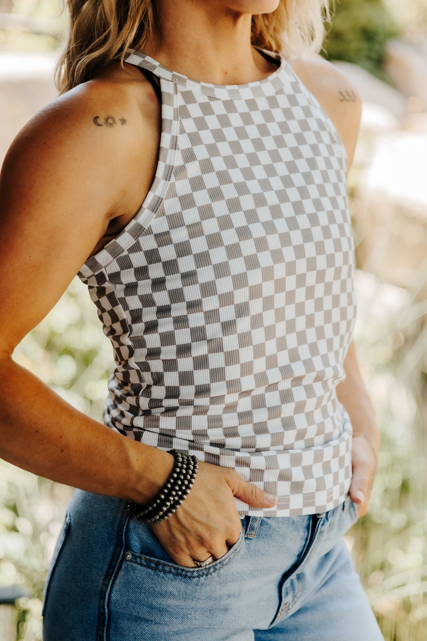 Women's Gray-White Checkered Print Halter Tank Top