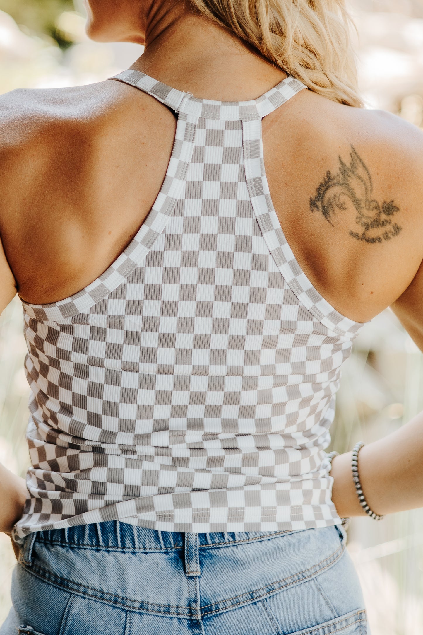 Women's Gray-White Checkered Print Halter Tank Top