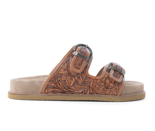 Desert Fern Handtooled Leather Sandals in Autumn Tan