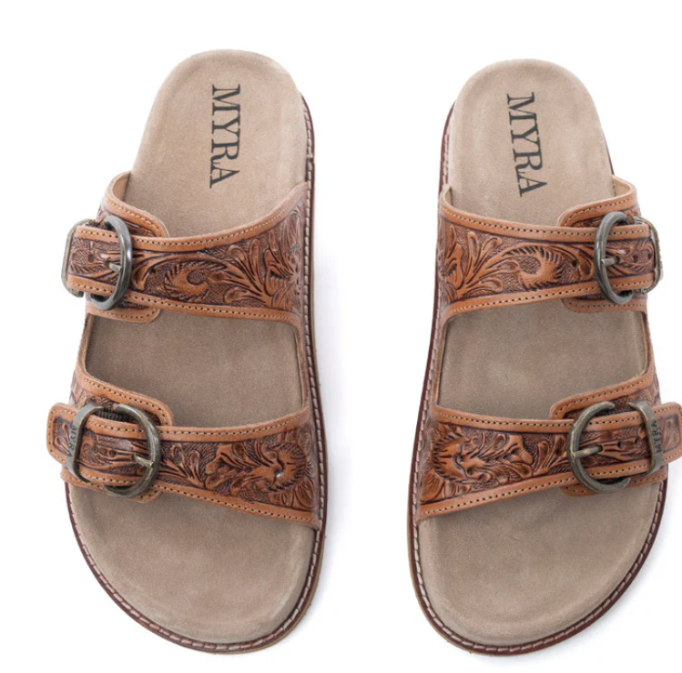 Desert Fern Handtooled Leather Sandals in Autumn Tan