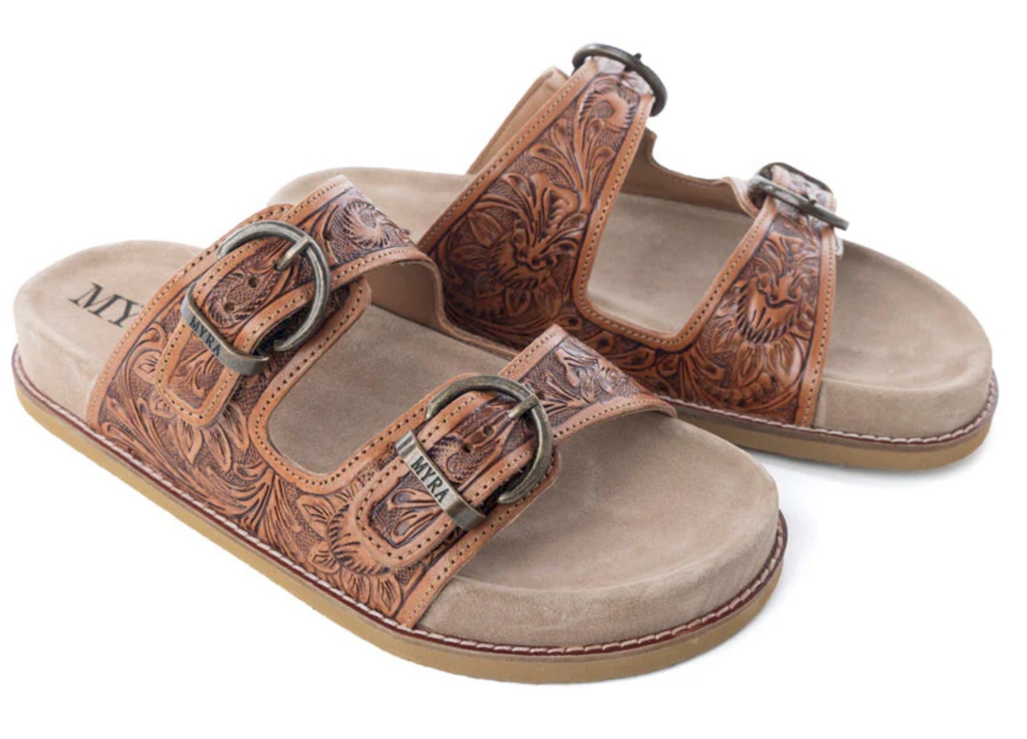 Desert Fern Handtooled Leather Sandals in Autumn Tan
