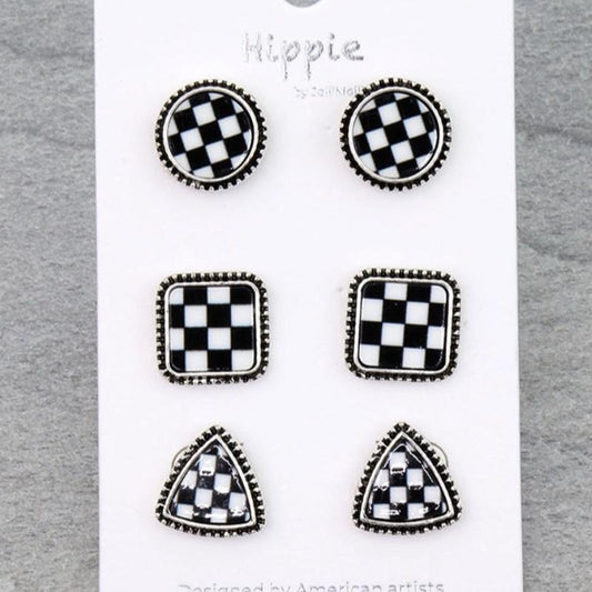 3 Pair Checkered Earring Set