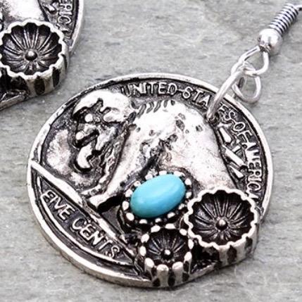 Western Buffalo Coin Dangle Earrings