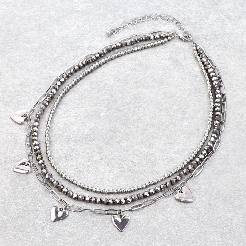 3 Row Mixed Beaded Heart Paperclip Chain Necklace