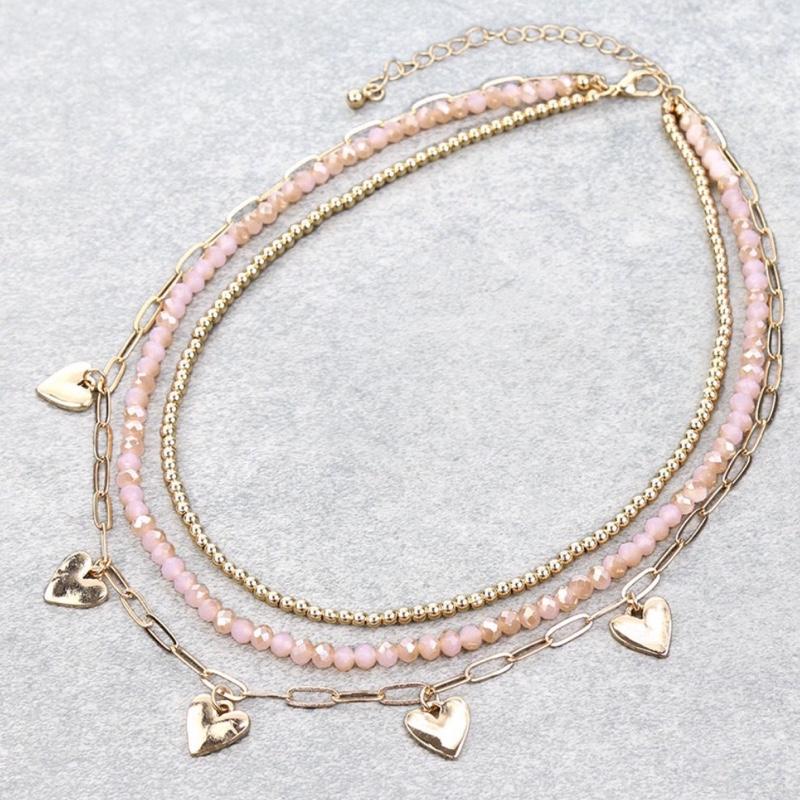 3 Row Mixed Beaded Heart Paperclip Chain Necklace