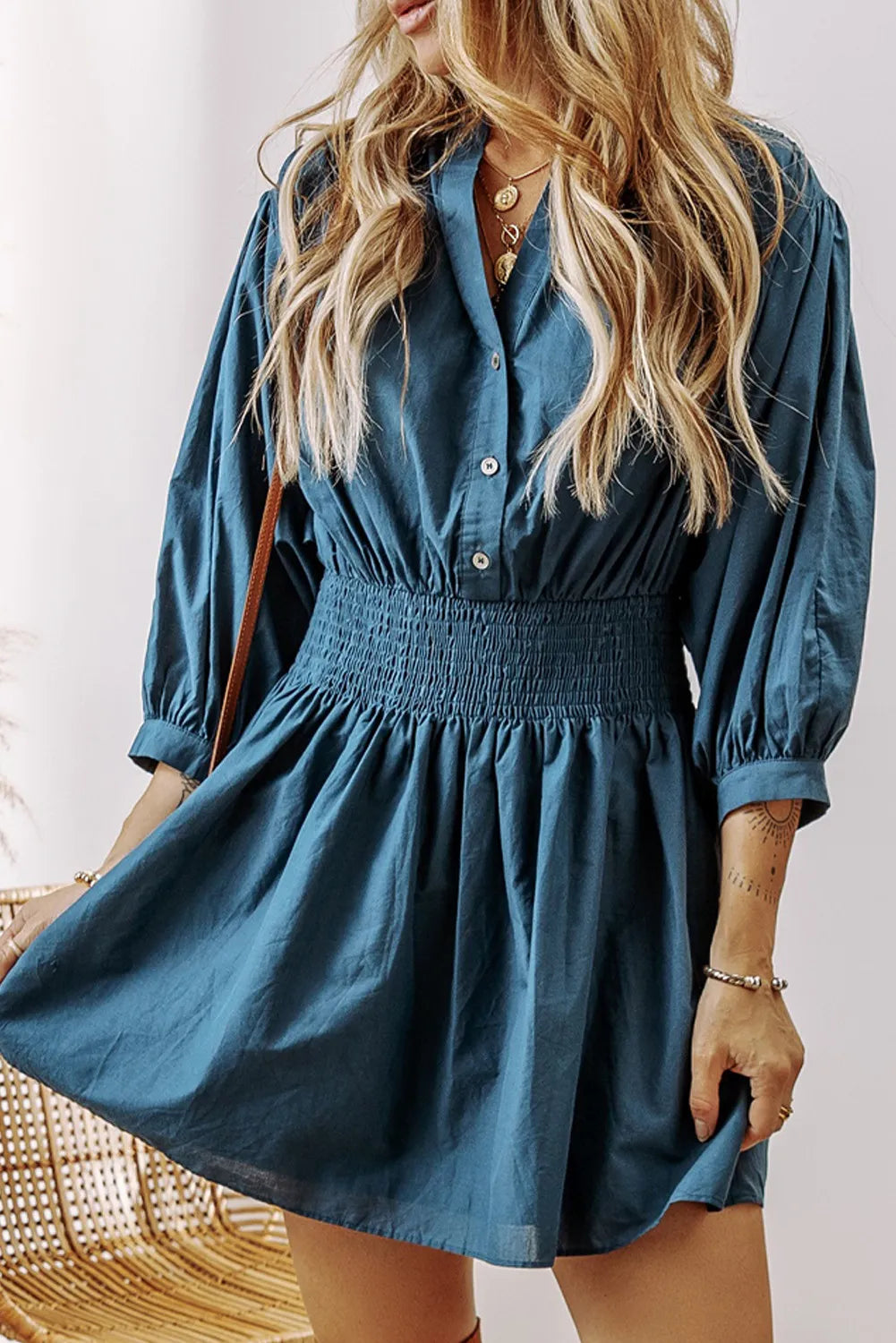 Smocked Half Button Three-Quarter Sleeve Mini Dress