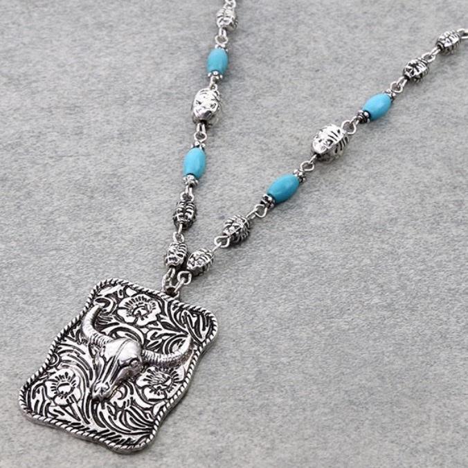 Western Steer Skull Plate Pendant Necklace with Earrings Set