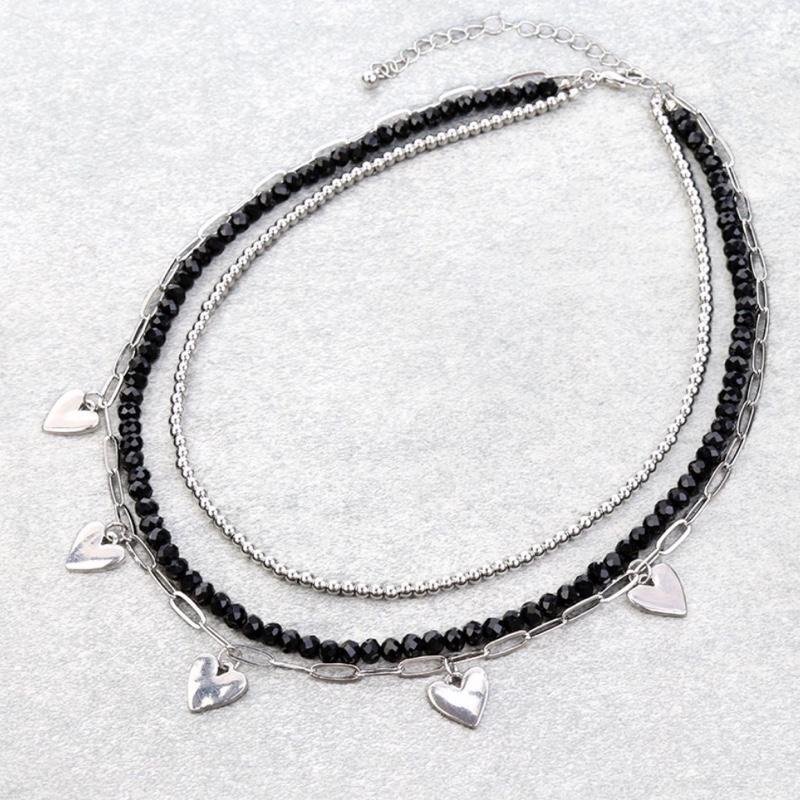 3 Row Mixed Beaded Heart Paperclip Chain Necklace