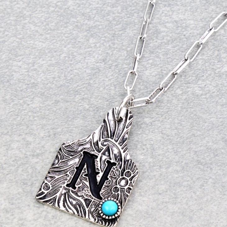 Initial Tooled Ear Tag Necklace