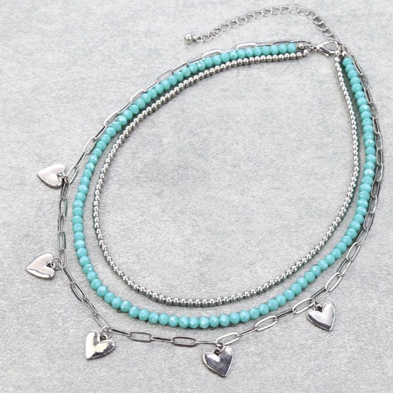 3 Row Mixed Beaded Heart Paperclip Chain Necklace