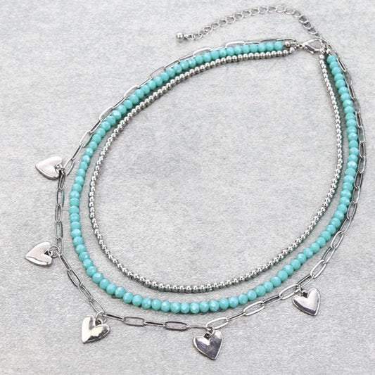 3 Row Mixed Beaded Heart Paperclip Chain Necklace