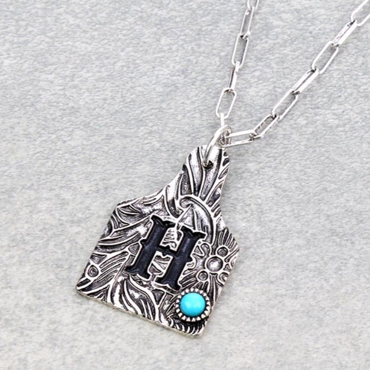 Initial Tooled Ear Tag Necklace