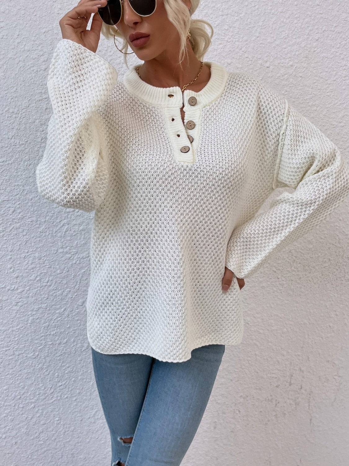 Ribbed Trim Slit Henley Sweater