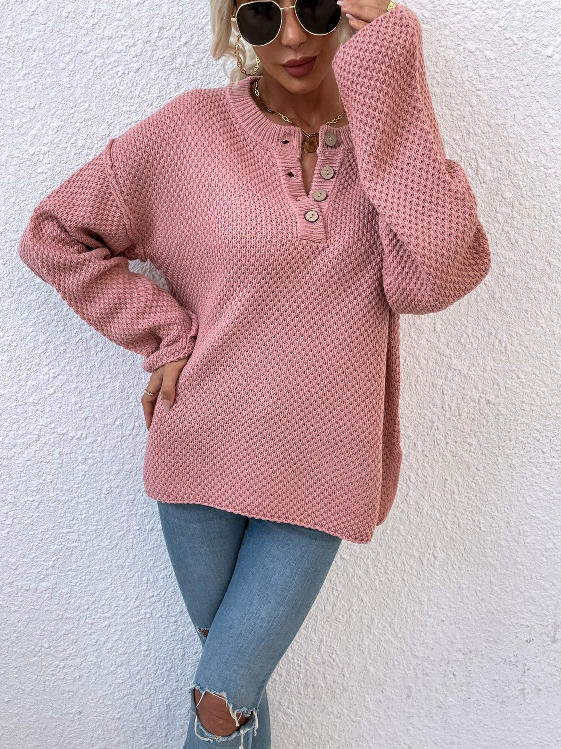 Ribbed Trim Slit Henley Sweater