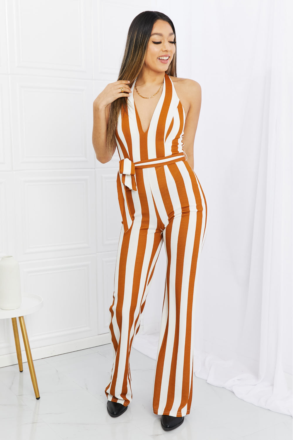 Dress Day Striped Halter Neck Belted Jumpsuit