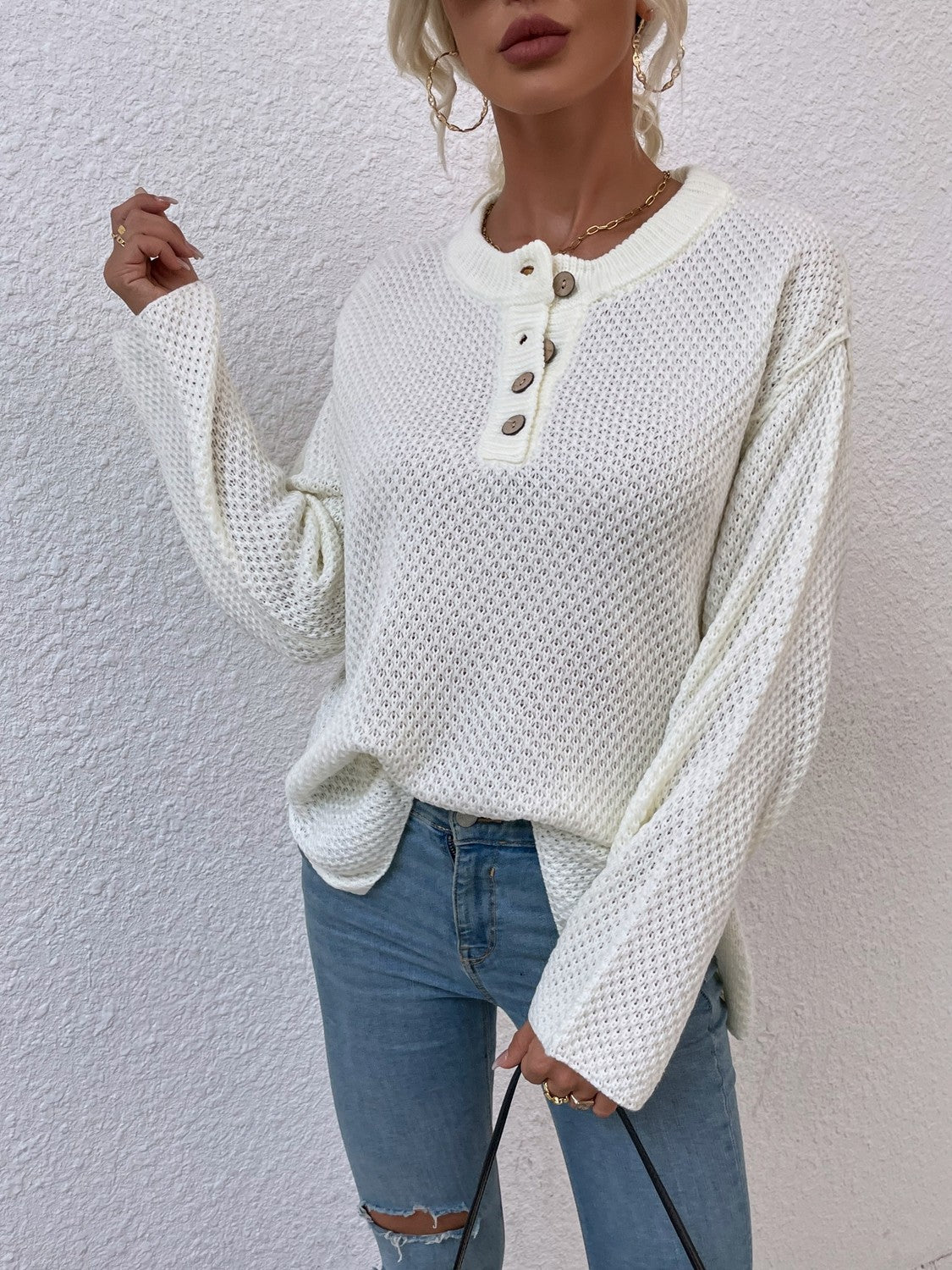 Ribbed Trim Slit Henley Sweater