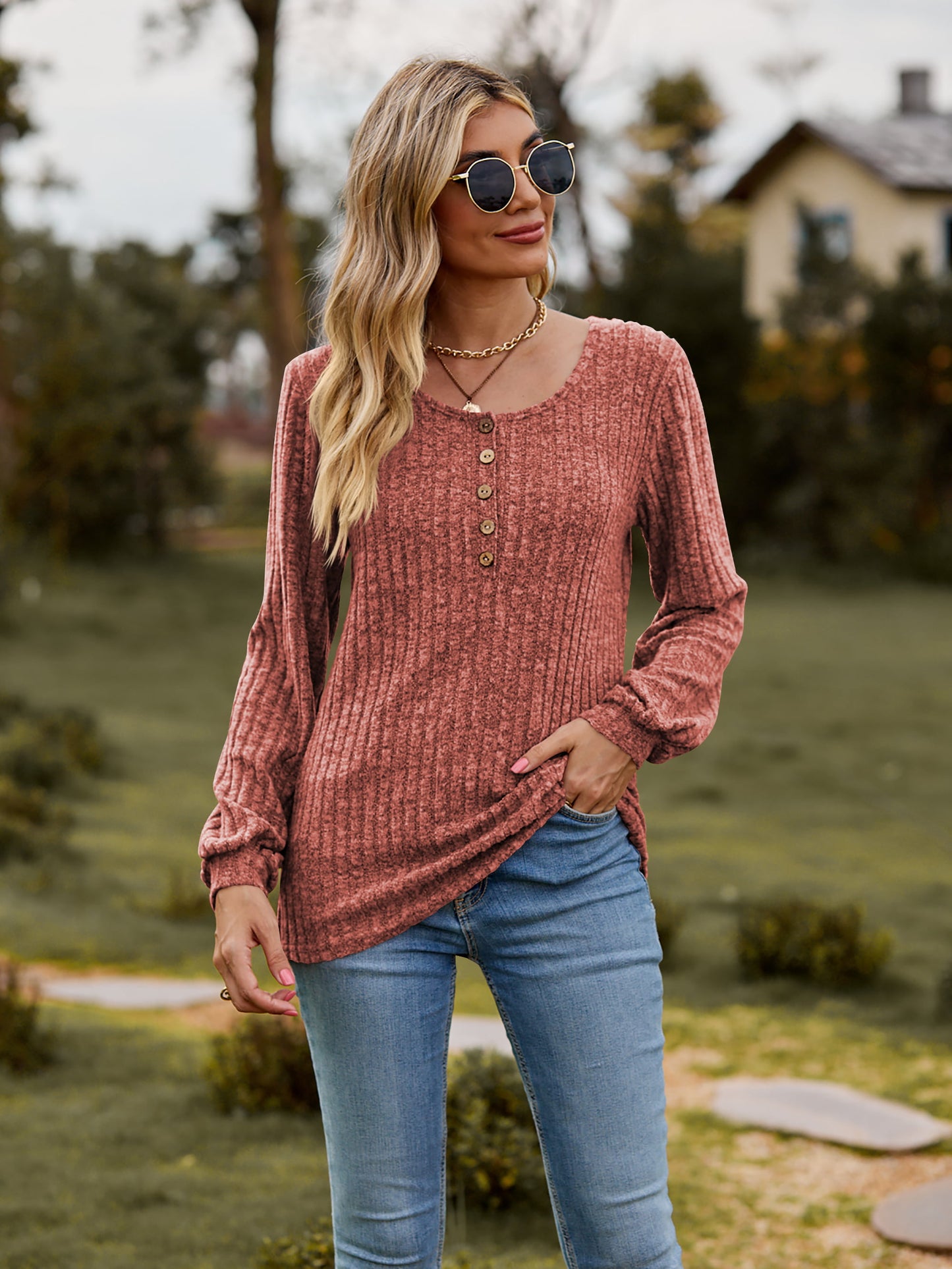 Round Neck Button-Down Long Sleeve Tee