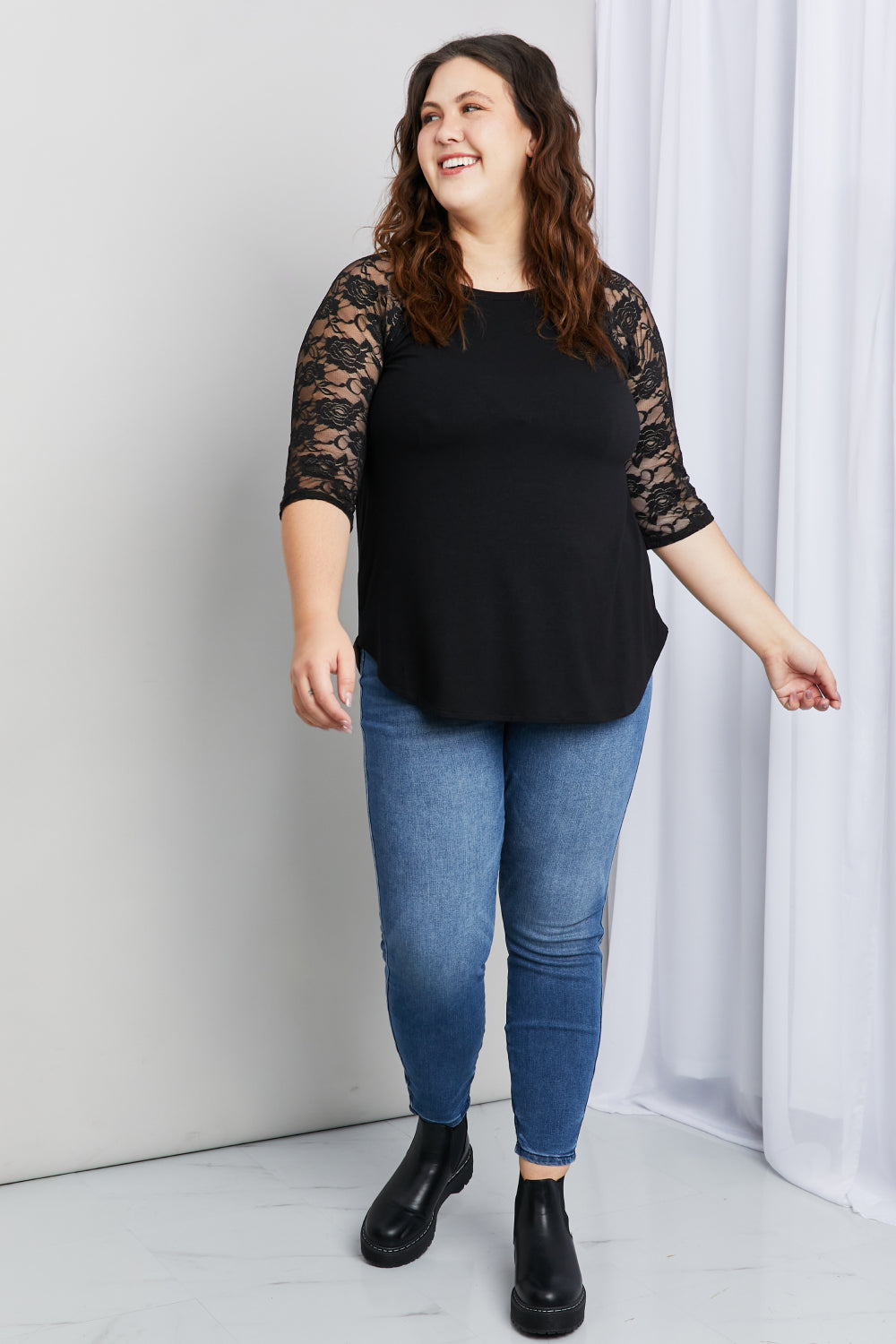 Zenana Full Size Spliced Lace Half Sleeve Round Neck Top in Black