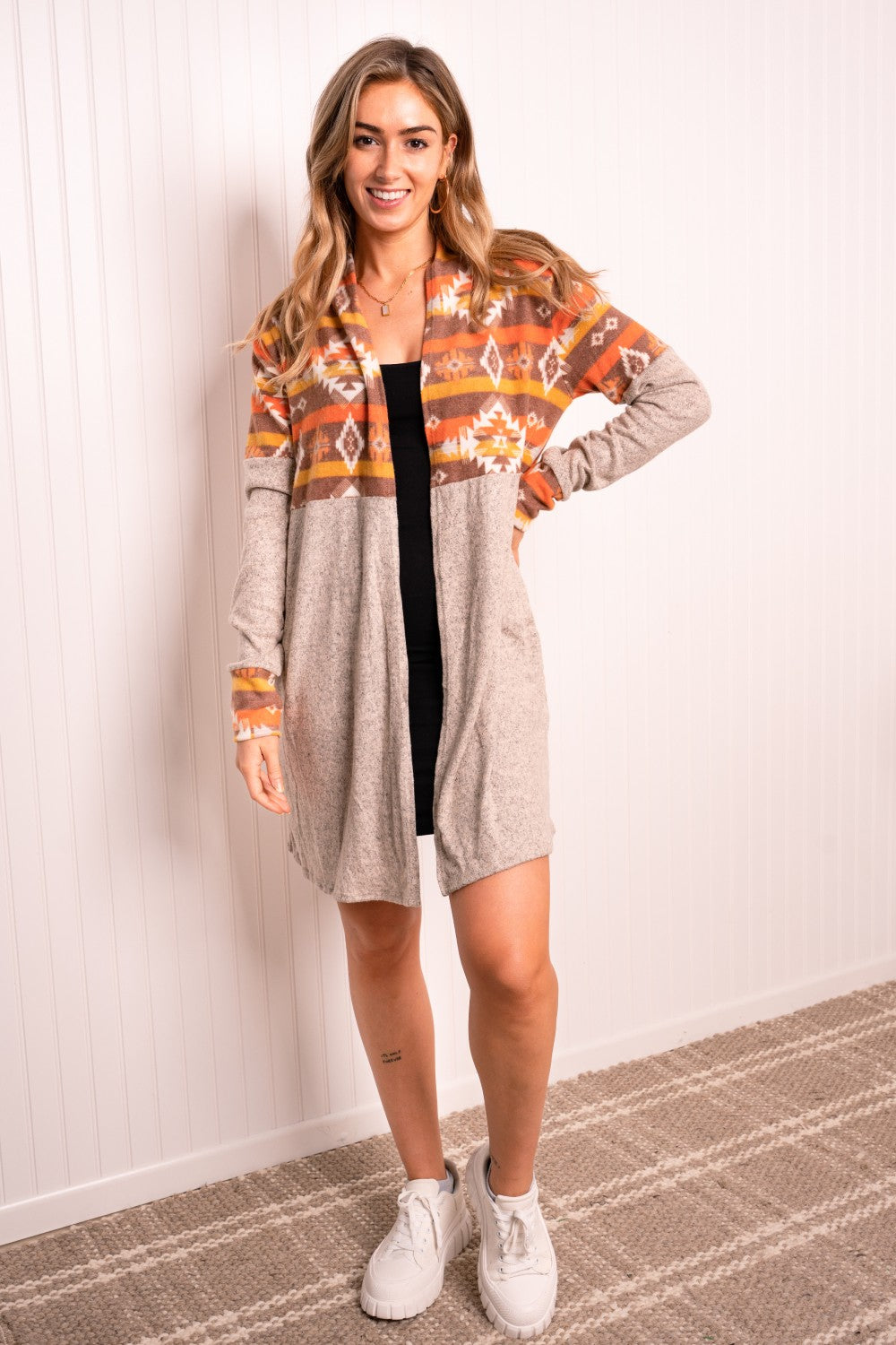 Haptics Full Size Printed Open Front Longline Cardigan