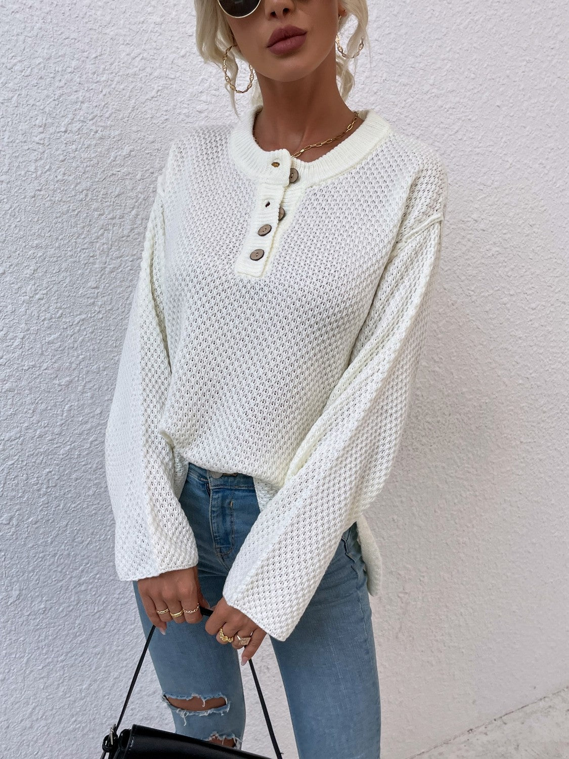 Ribbed Trim Slit Henley Sweater