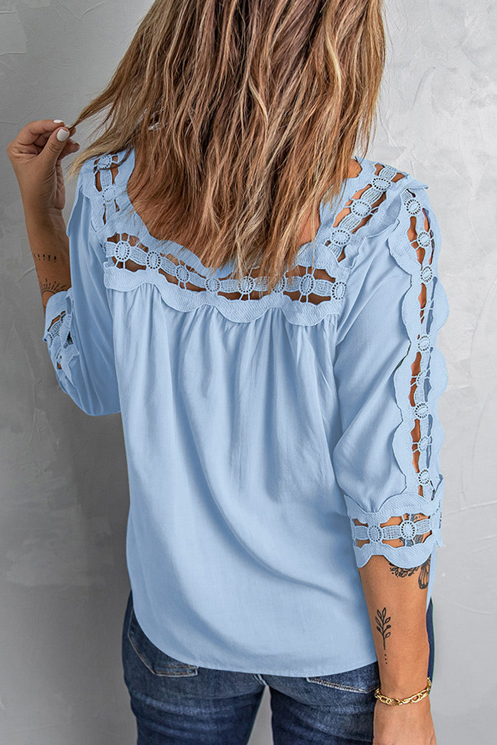 Crochet Openwork Three-Quarter Sleeve Blouse