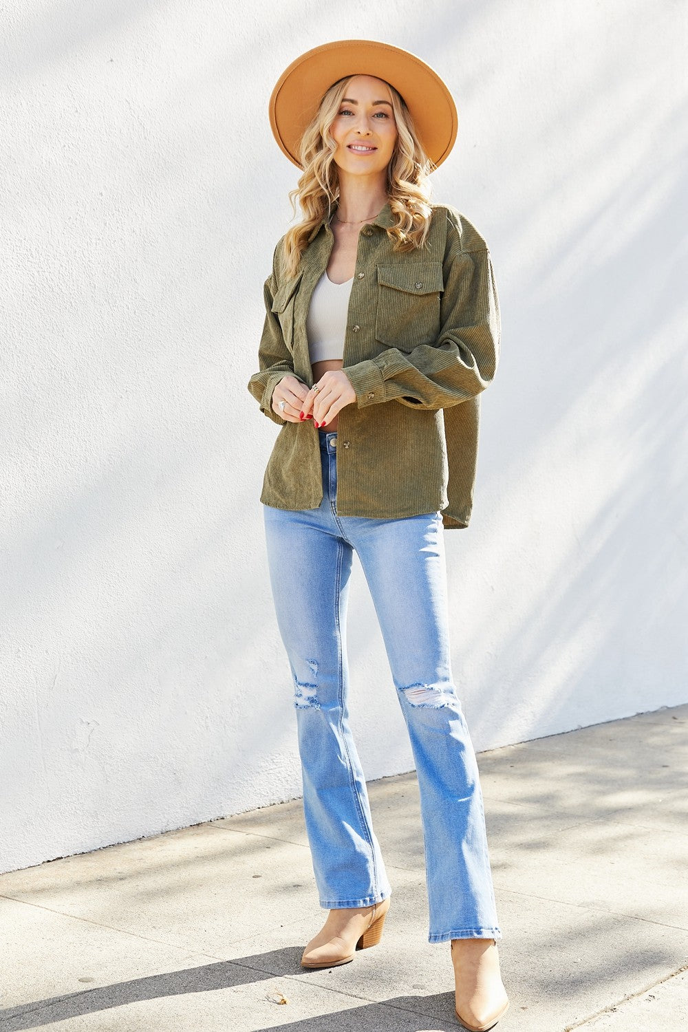 Petal Dew Button Front Corduroy Shacket with Breast Pockets in Olive